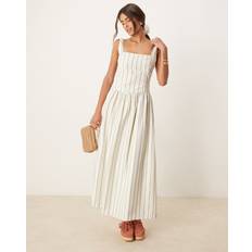 Square Neck Drop Waist Midaxi Dress - White Stripe