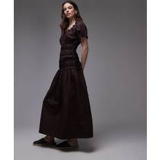 Topshop Cap Sleeve Shirred Dress With Tie Sides - Brown/Contrast Black