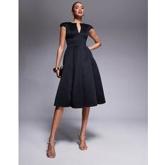 Goddiva Cap Sleeve Plunging V-Neckline A-line Midi Dress - Black