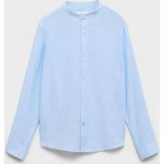 Shirts Mango Cotton Linen Shirt With Mandarin Collar - Sky Blue