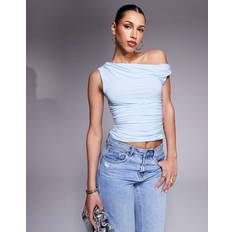 Off-Shoulder Linnen MISSYEMPIRE Silkig Topp Med Bara Axlar - Babyblå