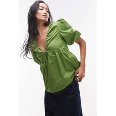 Topshop Poplin Puff Sleeve Top - Green