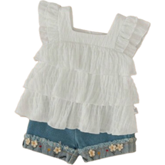 Shein Baby Mädchen Feiertags Lässig Set, bestehend aus einfarbigem Shirt mit Rüschenverzierung und kurzem Jeanshose mit Blumen Stickereien