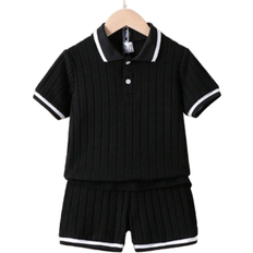 Shein Young Boy Striped Short Sleeve Polo Shirt And Shorts - Casual Outfit