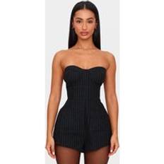 PrettyLittleThing Petite Black Pinstripe Woven Bandeau Playsuit - Black