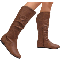 Fabric Boots Shein Womens Fashionable Brown SideZipper Flat Round Toe Wrinkled Casual Daily High Boots