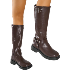 Shein Women Fashion Boots Match Sweater Women Fashion Casual Side Zipper Buckle Biker Boots Brown Chunky Heel Western Style Rubber Shoes Knee High Boots Mi