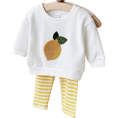Shein Stücke/Set Baby Mädchen Top mit Stickerei Früchte Muster und langem gestreiftem Hose Outfit, Frühling/Herbst
