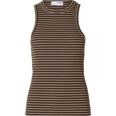 Organic Fabric Tank Tops Selected Femme Ribbed Vest - Brown Stripe