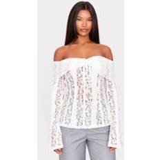 PrettyLittleThing Fitted Lace Flared Sleeve Bardot Top - White