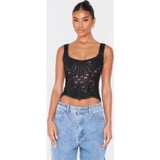Black Corsets PrettyLittleThing Textured Sheer Floral Square Neck Corset - Black