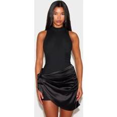 PrettyLittleThing Woven High Neck Satin Drape Mini Dress - Black