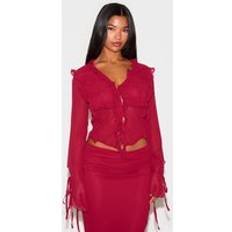 PrettyLittleThing Chiffon Ruffle Tie Front Blouse - Red