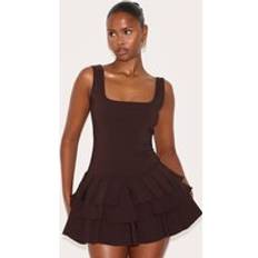 Brown - Women Jumpsuits & Overalls PrettyLittleThing Stretch Woven Pleated Skort Playsuit - Chocolate