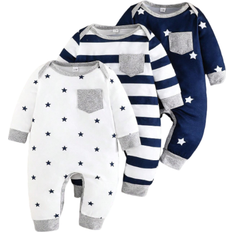 Shein 3pcs/Set Baby Boys Casual & Comfy Striped & Star Pattern Long Sleeve Romper Jumpsuit, Spring & Autumn