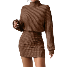 Shein Women Autumn Solid Color High Neck Drop Shoulder Long Sleeve Pleated Fitted Elegant Dress
