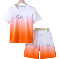 Orange Children's Clothing Shein pcs Teen Boys Casual TieDye Design Personalized Letter Printed Short Sleeve TShirt And Matching Shorts Set Summer