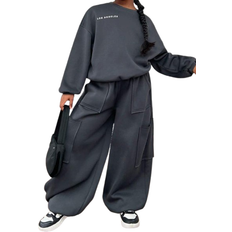 Shein Tween Girl Autumn Oversized Casual Versatile Reflective Printed Pullover Hoodie And Extra WideLeg Drawstring Pocket Sweatpants Set