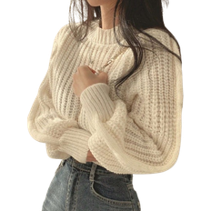 Shein Womens Casual Solid Color Lantern Sleeve Cropped Sweater AutumnWinter