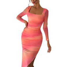 Shein Firerie Women Elegant Holiday Beach Romantic Date Orange Ombre Mesh See-Through Ruched Asymmetric Hem Long Sleeve Midi Dress