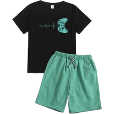 Shein Tween Boy Gamepad & Letter Graphic Tee & Drawstring Waist Shorts