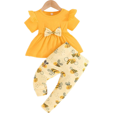 0-1M Other Sets Shein Baby Girls' Short Sleeve Lotus Collar Top With Bowknot Decor And Bee Print Long Pants Casual Outfits For Summer