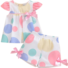 Shein Baby Girl Ruffle Trim Bowknot Polka Dot Printed Top And Shorts Set