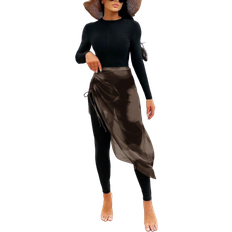 Shein Women Plain Crew Neck Long Sleeve Swimsuit And Skirt - Casual