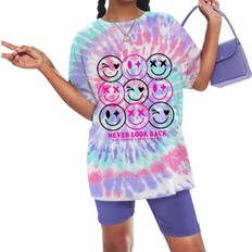 Shein TieDyed Smile Face pcs Tween Girls Casual Simple Short Sleeve TShirt And Shorts Set Summer