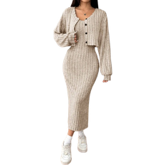 Shein Damen Gerippte Strickjacke Set - Figurbetontes Knielangem Kleid