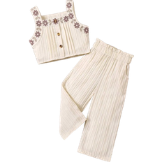 Shein pcsSet Young Girls Casual Embroidered Wave Stripe Vest And WideLeg Pants