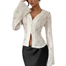 Shein Lace Bell Sleeve Blouse - Solid Color