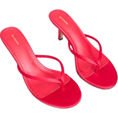 Red - Women Heeled Sandals PrettyLittleThing Red Satin Toe Thong Mid Heeled Mules