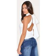 PrettyLittleThing Woven High Neck Tie Detail Top - White