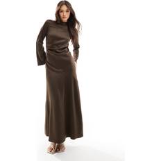 Closet London Long Sleeve Satin Drape Maxi Dress - Chocolate