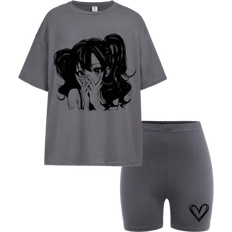 Shein Cool Teenage Girl Grey Loose TShirt And Shorts Set With Cartoon Portrait Print Street Style Casual Outfits