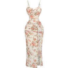 Shein Vintage Floral Print Ruched Slit Midi Dress - Beige