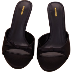 Black Satin Round Toe Bow Strap Low Heel Open Toe Mules, Black