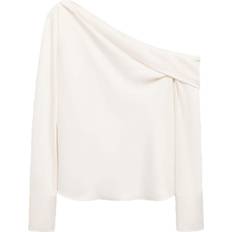 Beige - Women Blouses Mango Satin Blouse With Draped Neck - Off White