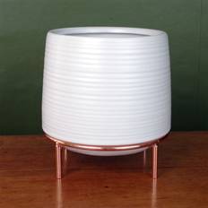 White Ceramic Planter with Metal Stand Plant Pot 18cm H x 17cm W x 17cm D
