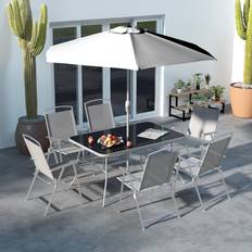 Folding dining table and chairs OutSunny 8 Pcs Garden Table and Chairs with Parasol and Folding Chairs Tempered Glass Top Grey Patio Dining Set
