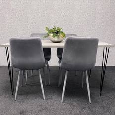 Fairmont Park Grey Table with Hairpin Legs and 4 Black Velvet Chairs 75cmH x 140cmL x 80cmW Dining Set