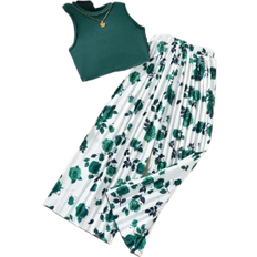Florals Other Sets Shein Tween Girl Summer Solid Color Round Neck Top And Flower Printed Pleated WideLeg Pants Casual Loose Piece Outfit
