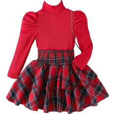 Shein Minimalist Collegiate Half Turtleneck Long Sleeve Top And Plaid Cake Skirt Set - Autumn/Winter
