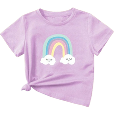 Purple Tops Shein Young Girl Casual Smiling Rainbow Graphic Print Round Neck TShirt