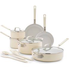 Bobby Flay 13 pc Ceramic Nonstick Aluminum Cream Cookware Set with lid 13 Parts
