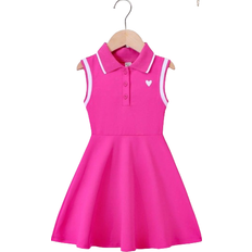 Shein Little Girls' Preppy Style Heart-shaped Print Striped Trim Ribbed Collar Sleeveless Dress For Summer
