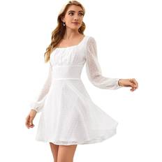 Gogerstar Women Dot Mini Dress Long Sleeve Chiffon Dress Square Neck - White