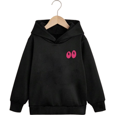 Shein Teenage Girls Casual Printed Black Fleece Lined Hooded Sweatshirt Autumn