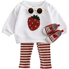 Shein Stücke/Set Baby Mädchen Set aus Top mit Erdbeerstickerei und langem Arm sowie gestreifter elastischer Hose, Frühling Herbst